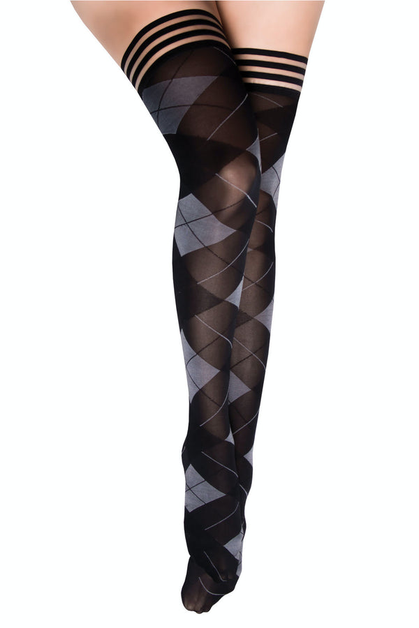 black and grey argyle thigh highs