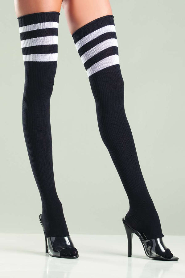 BW645 Be Wicked Black and White Ribbed Athletic Inspired Thigh Highs