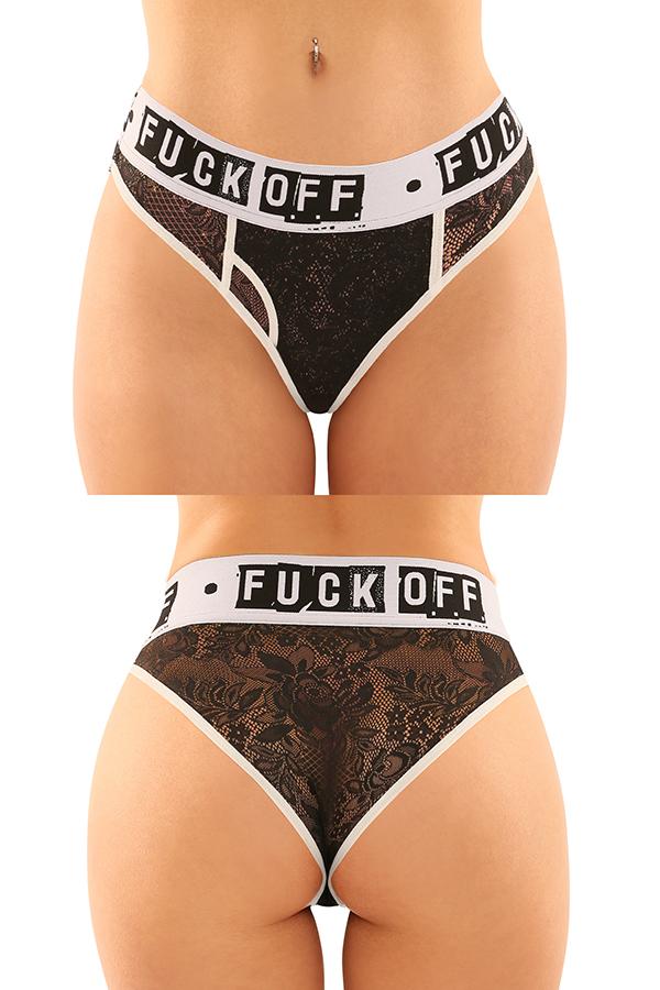 black lace and white band panty with words fuck off