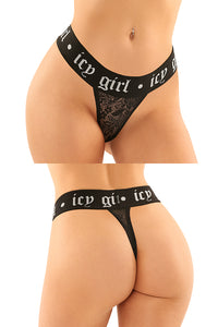black lace panty with thick black band that says "icy girl"