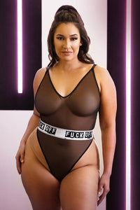 Plus Size Black Sheer Bodysuit with High Cut Ends and White Waistband with the words Fuck Off.