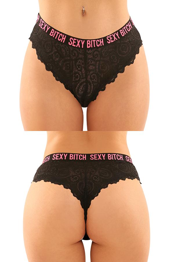 Black lace panty with sexy bitch written in pink