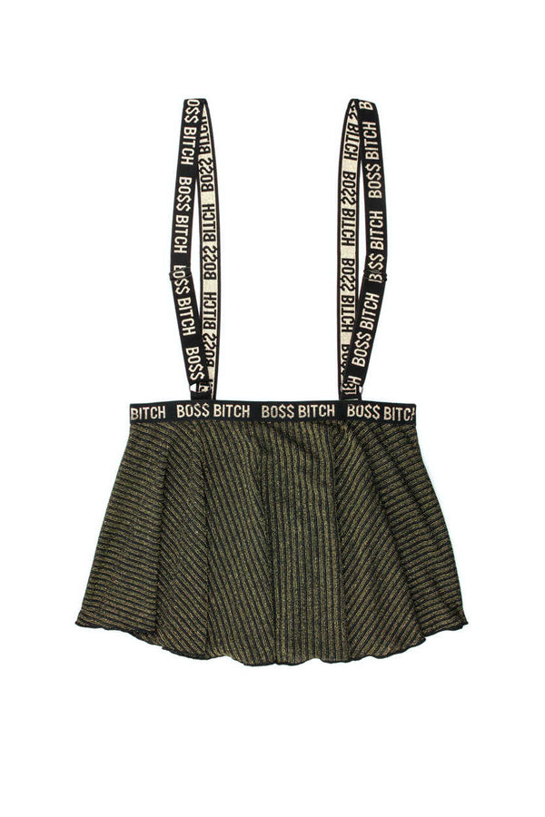 suspender skirt with boss bitch writing