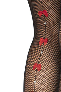 Fishnet Stockings with Red Bows and Rhinestones