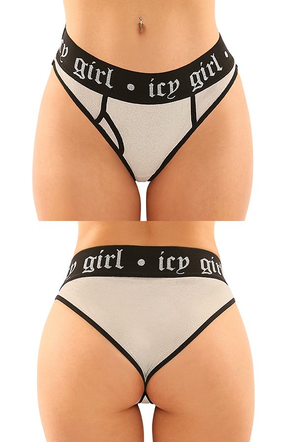 white metallic panty with a thick black elastic band that says icy girl.